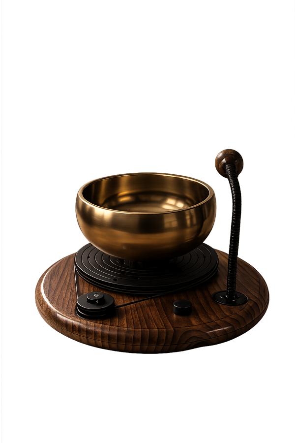 The iOhm self-playing singing bowl — brass bowl on a hand-finished walnut base with a motorized mallet arm