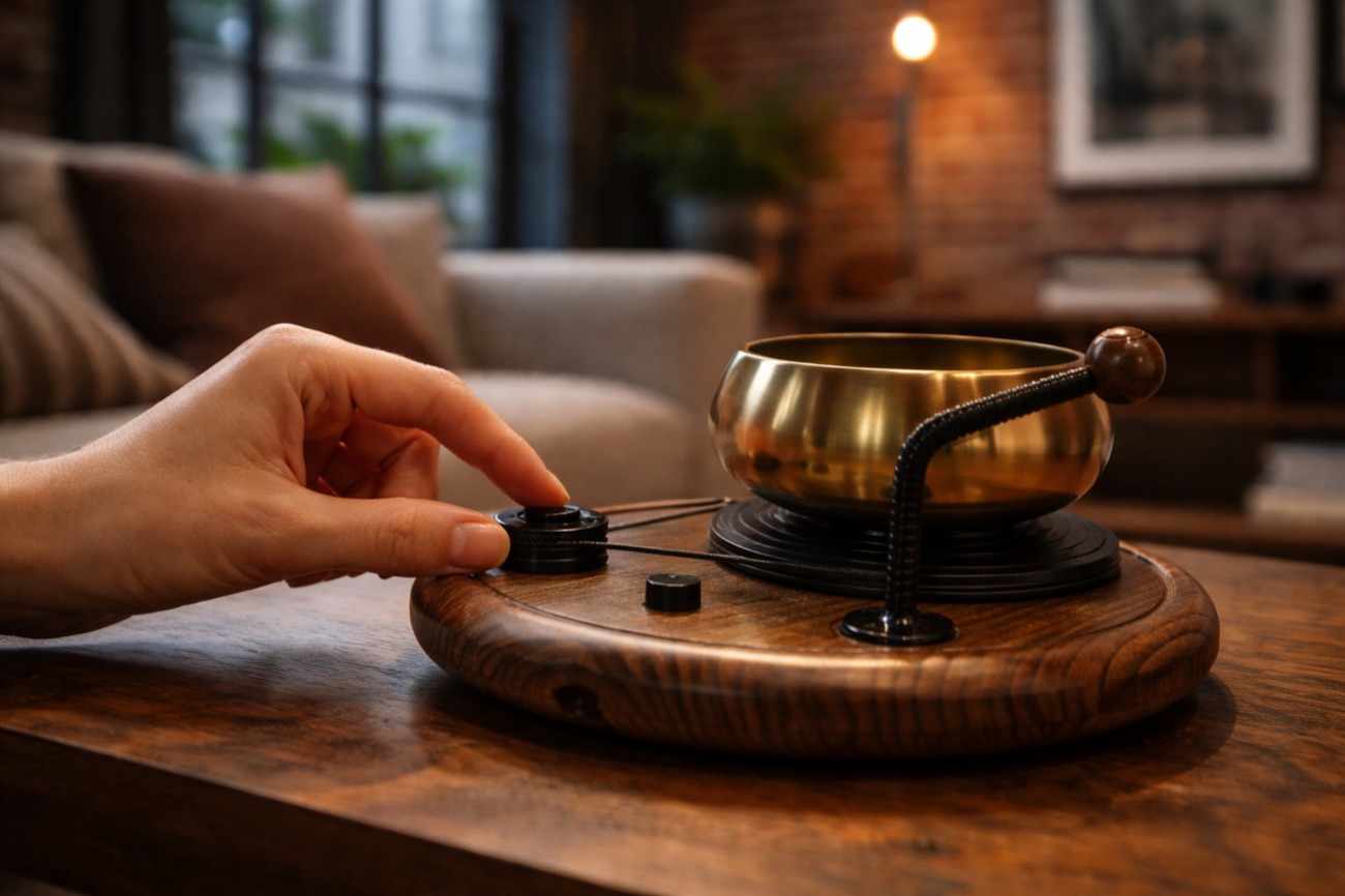 A hand setting the intensity knob beside the rotating bowl