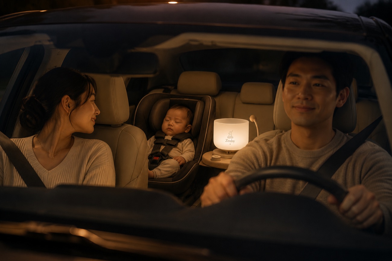 A family in the car at night with Zenby beside the baby's seat