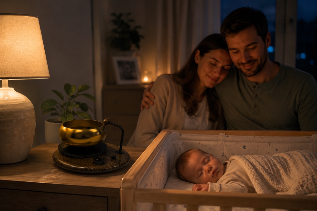 Parents watching their baby sleep beside a glowing Zenby on the dresser