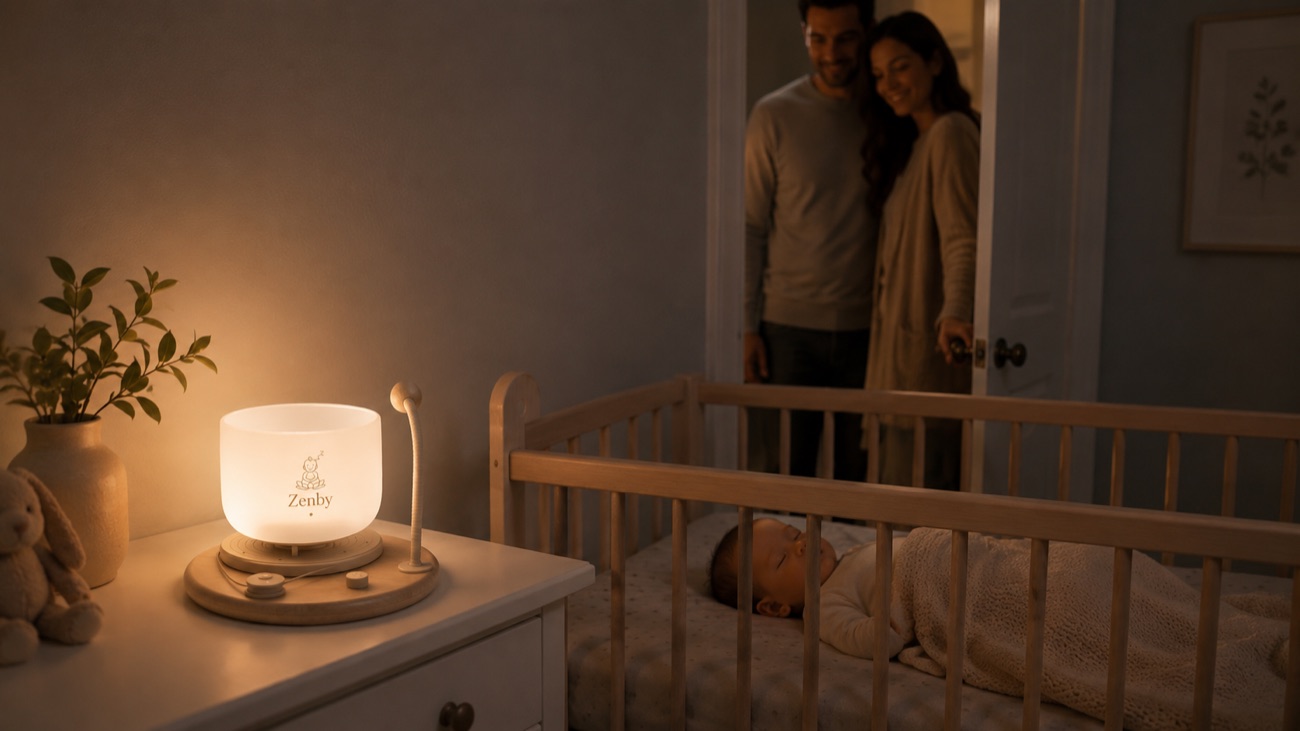 Parents in the doorway of a calm nursery lit by a glowing Zenby
