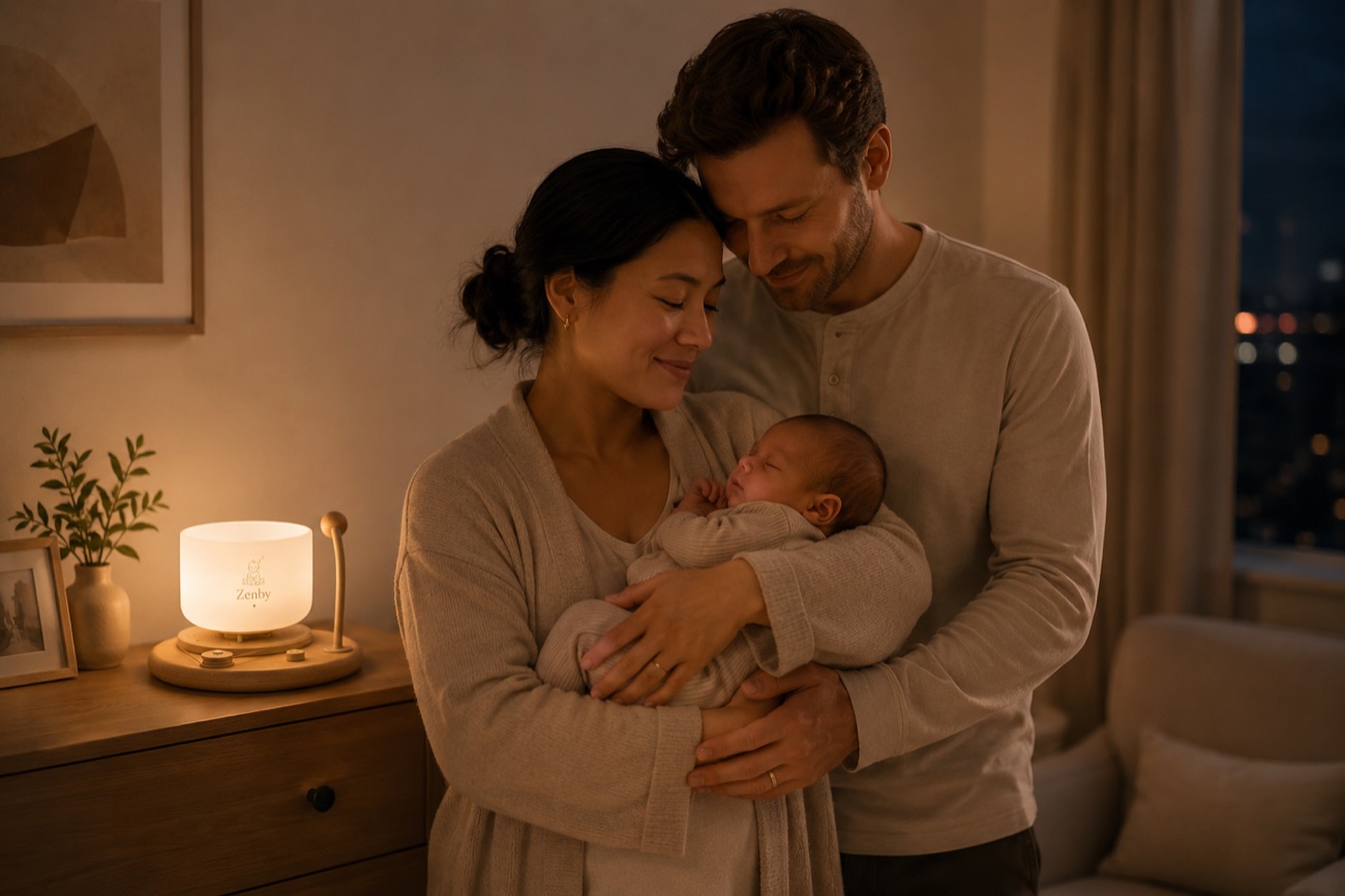 A couple holding their newborn in warm lamplight beside Zenby