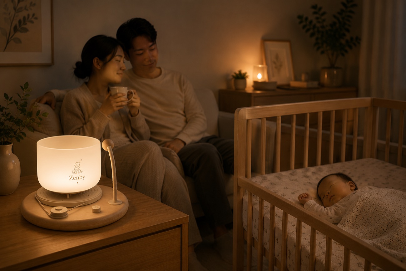 A couple unwinding with tea beside the crib and a glowing Zenby