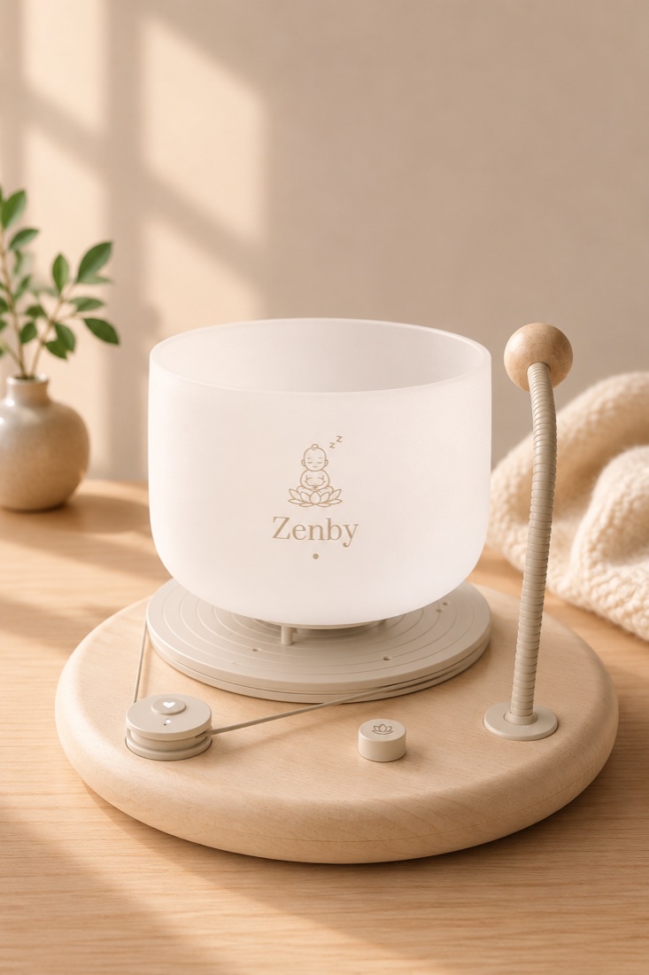 A crystal singing bowl resonating on its wooden base