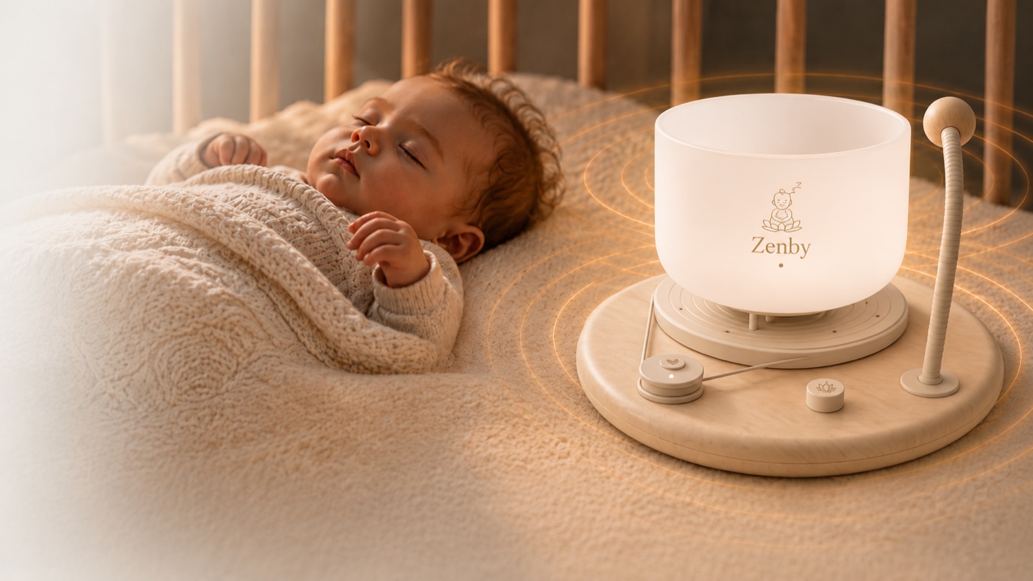 A Zenby bowl glowing softly beside a sleeping baby in a calm nursery