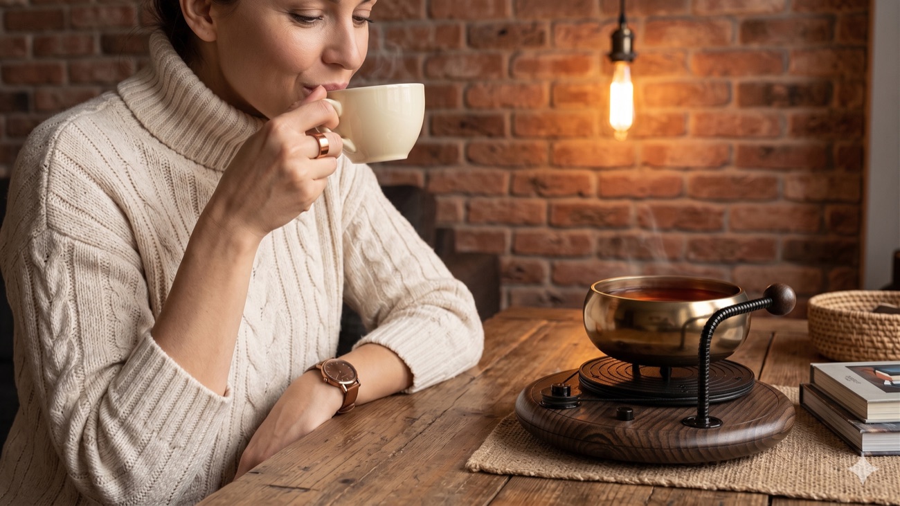 iOhm on a wooden table at home as someone sips tea