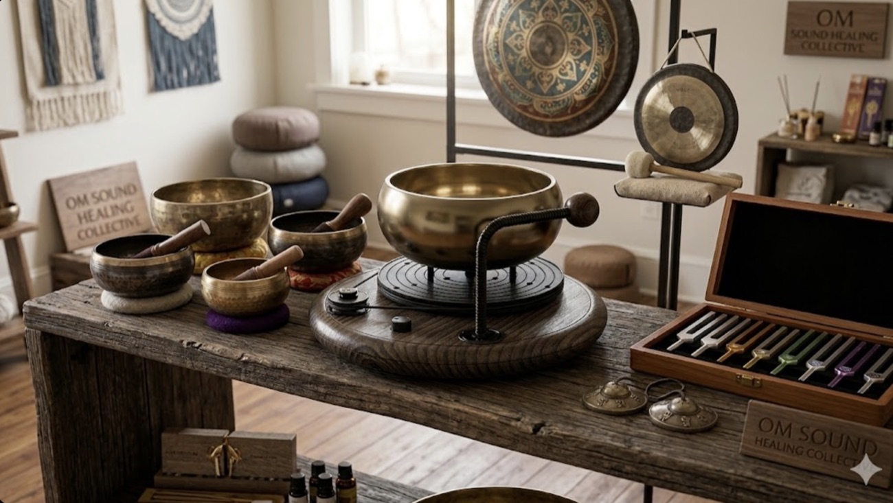 iOhm among bowls and gongs in a sound-healing shop