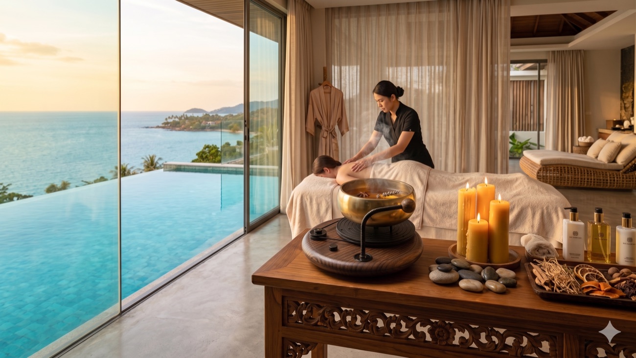 An iOhm bowl resonating in a candlelit oceanfront spa
