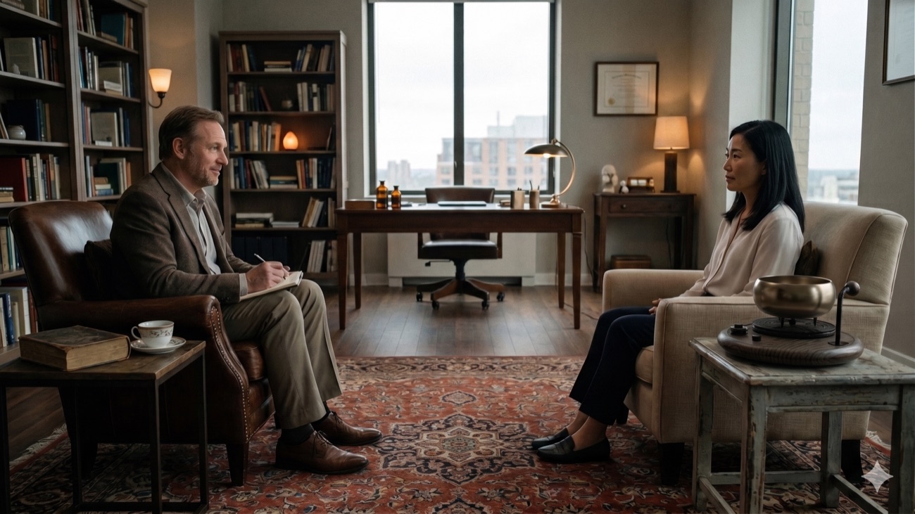 iOhm in a calm, book-lined therapy room