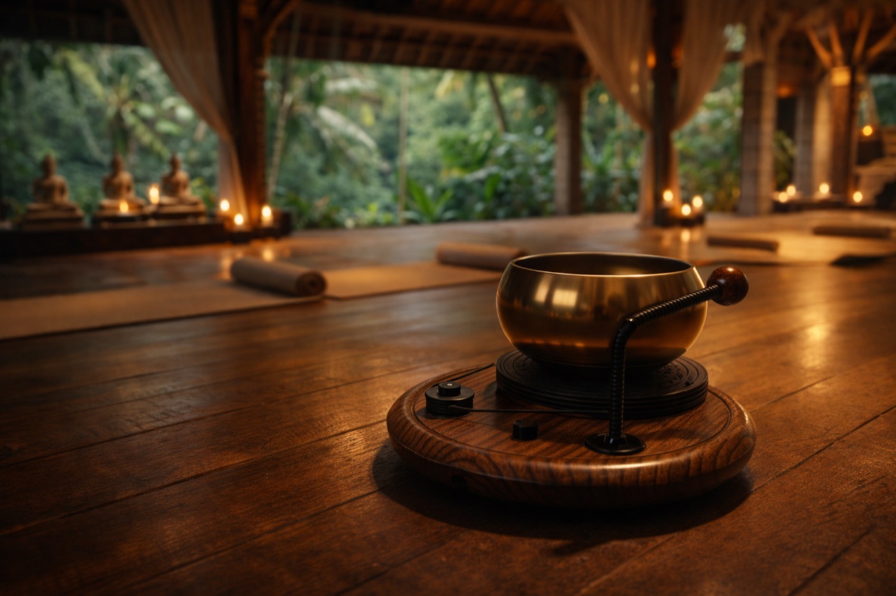 iOhm on the floor of an open-air jungle yoga studio
