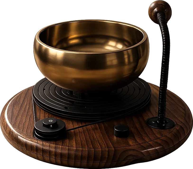 Close view of the brushed brass iOhm bowl and mallet arm